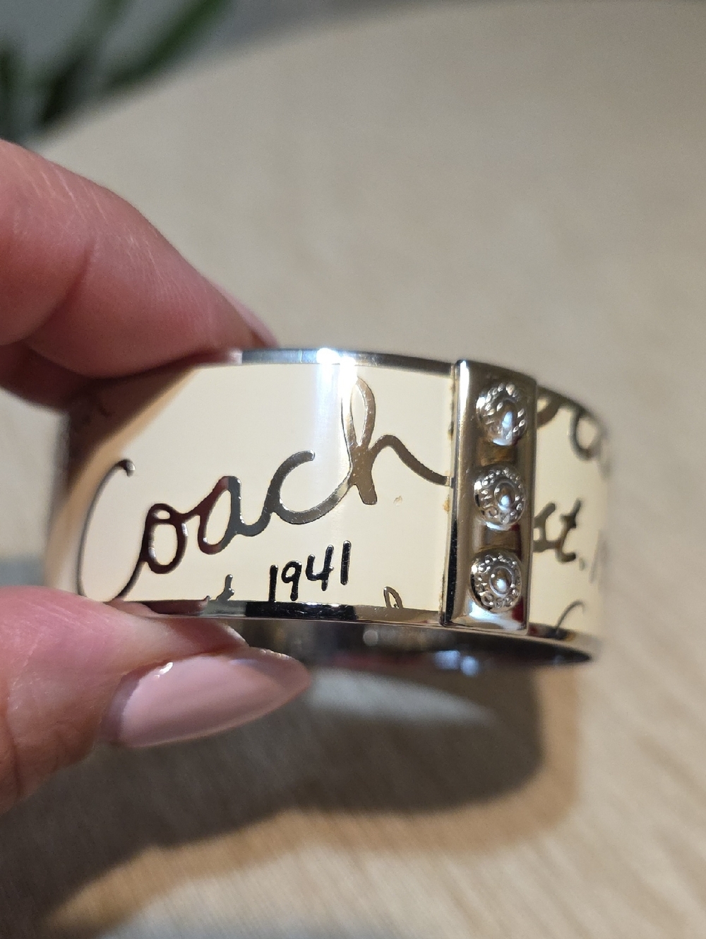 Coach Cream Enamel Script Bangle with Crystal Stud Accents